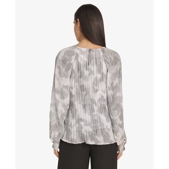 Calvin Klein Women's Printed Pleated Raglan-Sleeve Top Gray Size S MSRP $99 - Picture 2 of 2